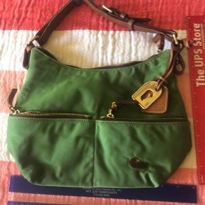 Purse green with brown leather handle
